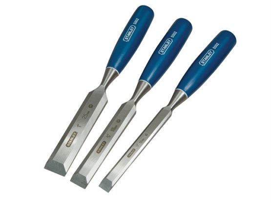 A stock photo of the Stanley 5002 Bevel Edge Chisels in a set of three, featuring a wide chisel at 25mm then medium at 18mm and small at 3mm, all with blue handles