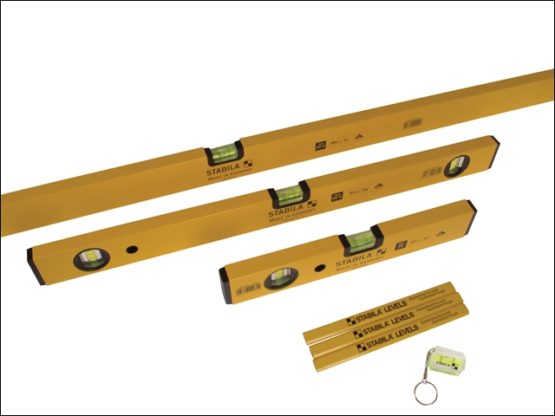 A stock photo showing what comes in the Stabila spirit level pack, with three spirit levels of varying sizes, a pack of carpenters pencils and a key ring level