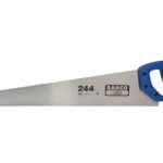 A photo of the Bahco hardpoint handsaw 550mm on a white background with a blue handle