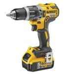 A stock photo on a white background of the Dewalt brushless hammer drill 18 volt with yellow and black colour-way